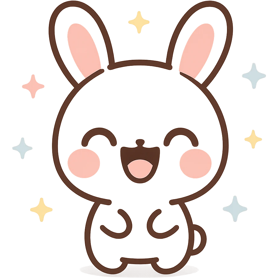 kawaii emoji-style bunny, white fur, pink cheeks, large upright ears with pink insides, closed crescent eyes, wide open laughing mouth, rounded head, chibi proportions, minimal lines, centered, flat color, thick dark outlines, vector pen tool, simplified shading, sticker-ready emoji