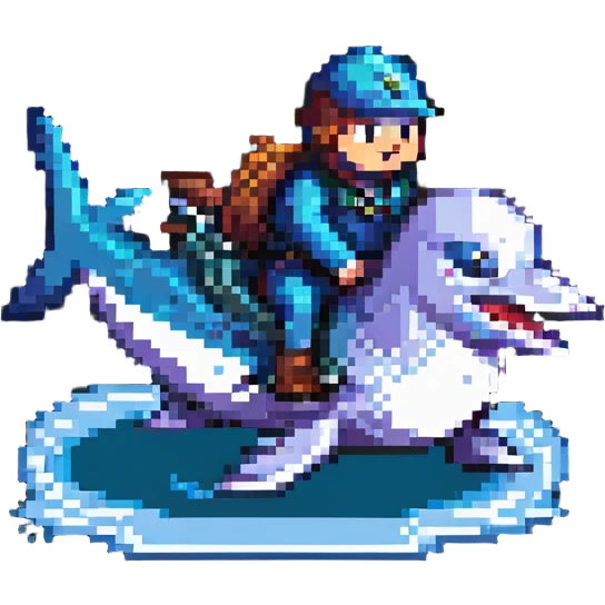 a pigeon riding a shark, pixel art style emoji