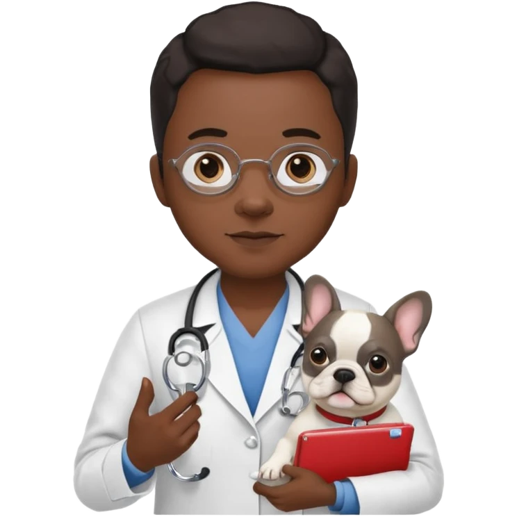 hombre médico que tenga un estetoscopio de color de tez negra que sostiene un bulldog francés blanco emoji