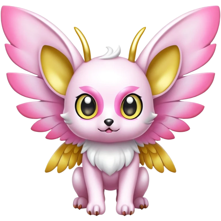 Shiny epic glittery divine white yellow pink animal-fakemon-creature with head-ear-wings, cute, adorable, big eyes emoji