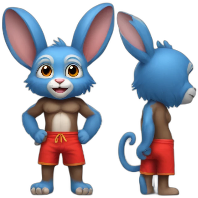 blue rabbit monkey with no shirt but red shorts and with a monkey tail emoji