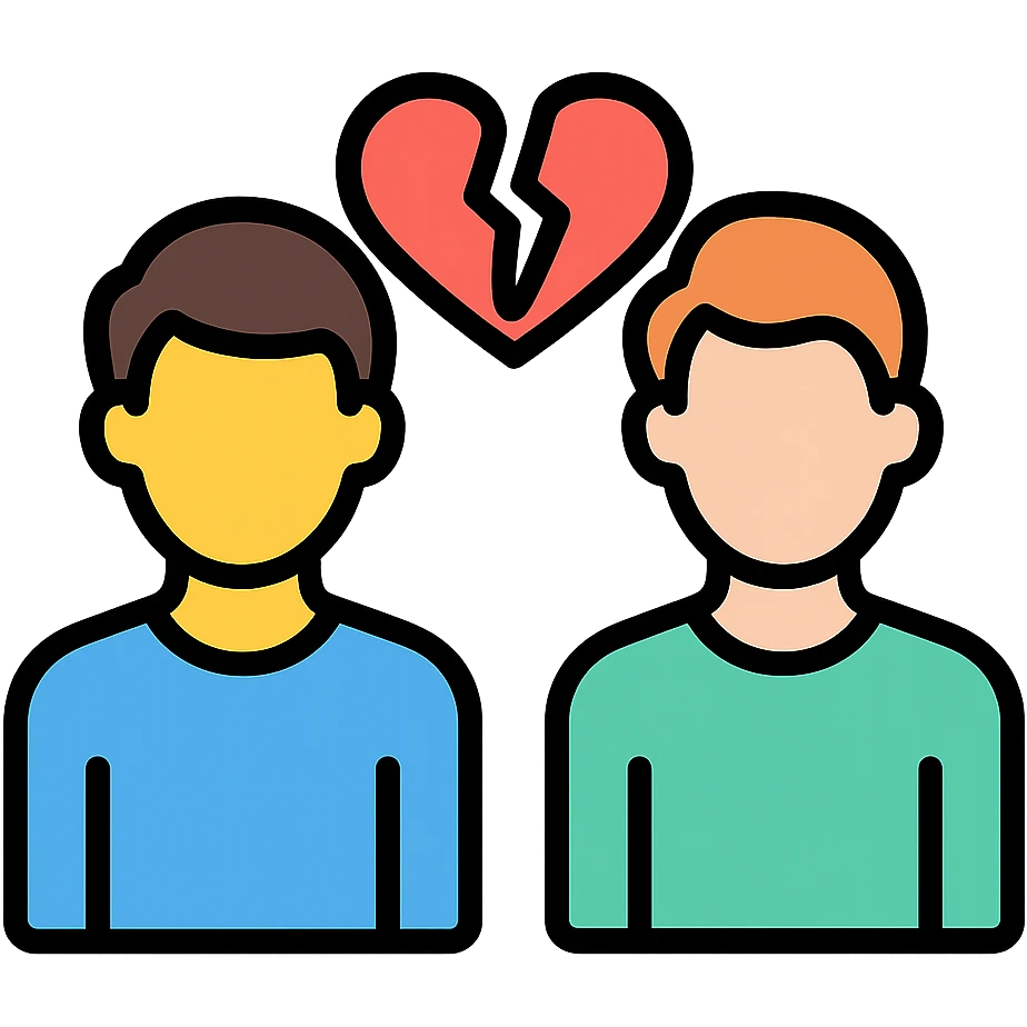 two men gay couple breaking up with a broken heart between them emoji
