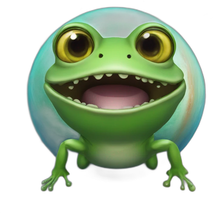 planet Saturn with a cartoon grinning frog face with big eyes emoji
