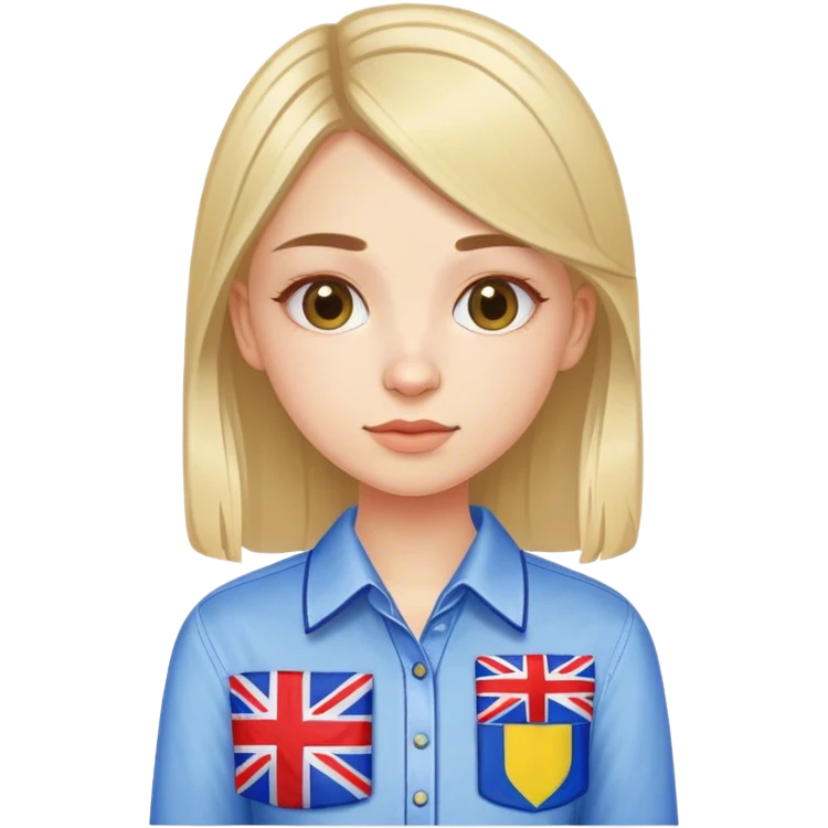 A Ukrainian girl wearing an embroidered shirt holds a British flag emoji