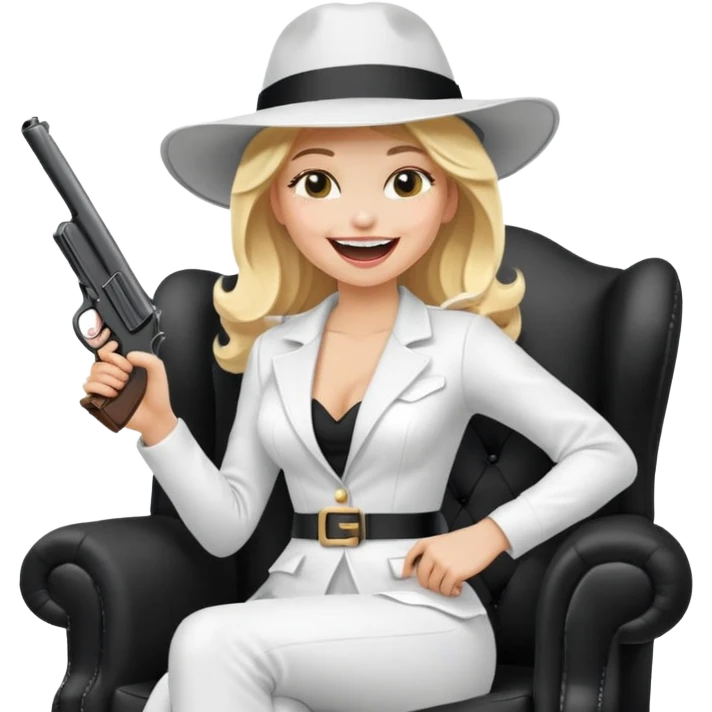 Mafia blondes Laughter lol woman in hat , gun ,black armchair , white costume  emoji