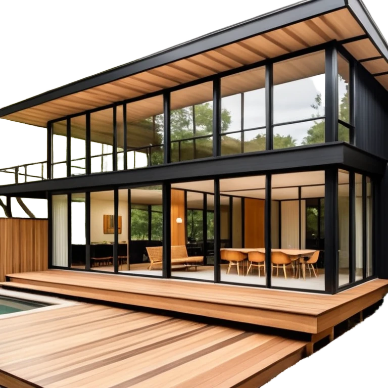 midcentury modern house with 1000 sqft and all windows and a sliding windows on corner. Single story. High ceilings, black and vertical wood slats for outside walls of home. Wood deck with complementary but different wood and shade from larger wood slats. With overhanging shade and slats. emoji