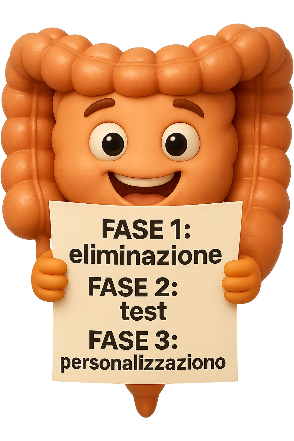 emoji stile iphone 3d di un intestino che tiene in mano un foglio con la scritta "FASE 1: eliminazione, FASE 2: test, FASE 3: personalizzazione, IPERREALISTICO 4K emoji
