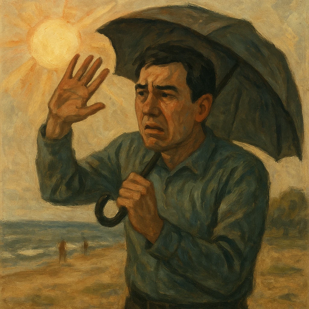Create a symbolic, semi-realistic outdoor scene (beach or park) featuring a man with expressive, worried body language. The man is raising his hands or using an umbrella or large hat to block natural, warm sunlight. He looks uncomfortable or fearful, as if trying to protect himself from the sun. Use muted colors and an expressive, semi-realistic style symbolizing misunderstanding about sunlight and health. Use the reference image for facial features and general appearance. emoji