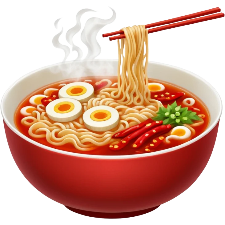 steaming ramen bowl with red broth and chili slices emoji