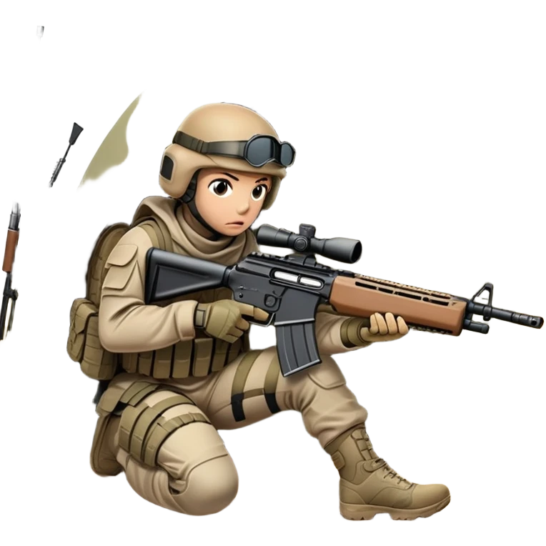 A tactical player in camouflage gear, crouched behind cover with a rifle aimed, ready for action. The scene is set in an outdoor field, with strategic obstacles and soft sunlight, conveying the intensity and teamwork of a competitive airsoft match. emoji
