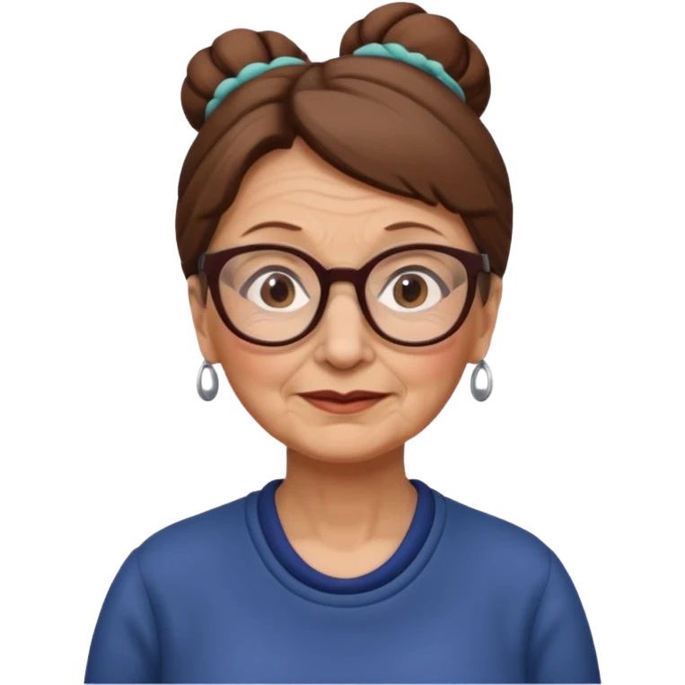 Old woman with brown hair in one bun and glasses, white European emoji