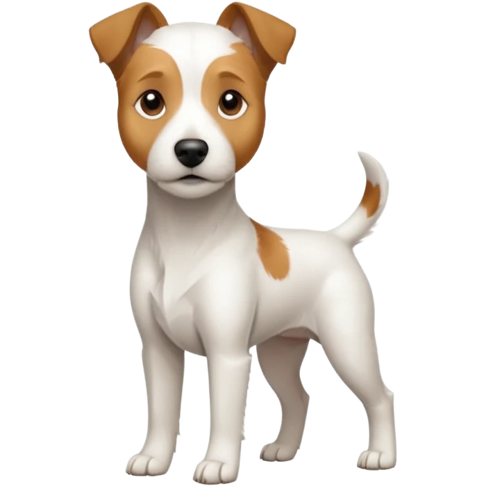 a full body white parson russell looking dog the size of a kelpie with light brown ears and a light brown patch on one eye and a large snout emoji
