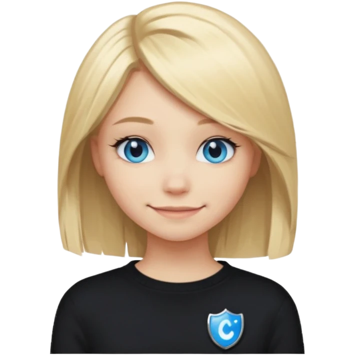 a new character a girl with shoulder length blonde hair wearing black clothes and wearing a cheeky smile she has blue eyes her black sweater has an emo style badge emoji