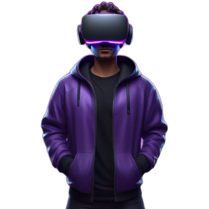 Cyberpunk style. Violet neon. White skin man in the black hoody with violet OMG VR logo on it. Man in vr headset oculus quest 2 emoji