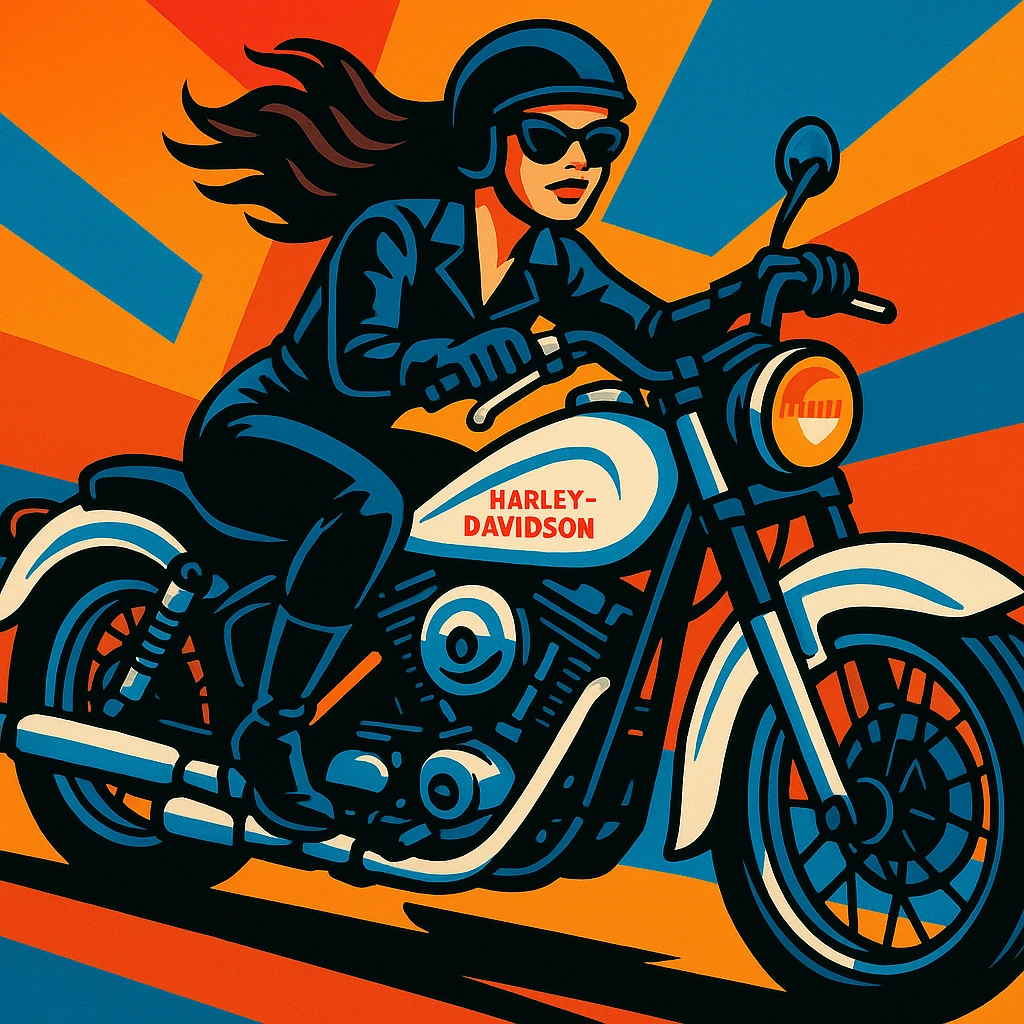 A woman in black leather riding a white and blue Harley Davidson motorcycle, dynamic pose, detailed, vibrant colors, modern vibrant toon style illustration emoji