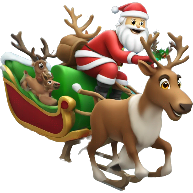 Santa in his sleigh being lead by his flying reindeer  emoji