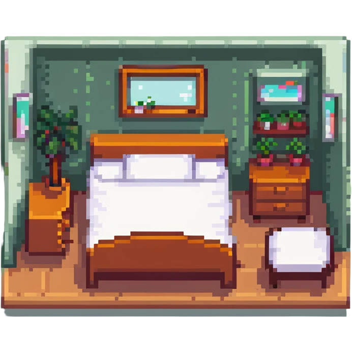 tiny cute bedroom with pink decor, plushies, cute lamp, small cozy bed emoji