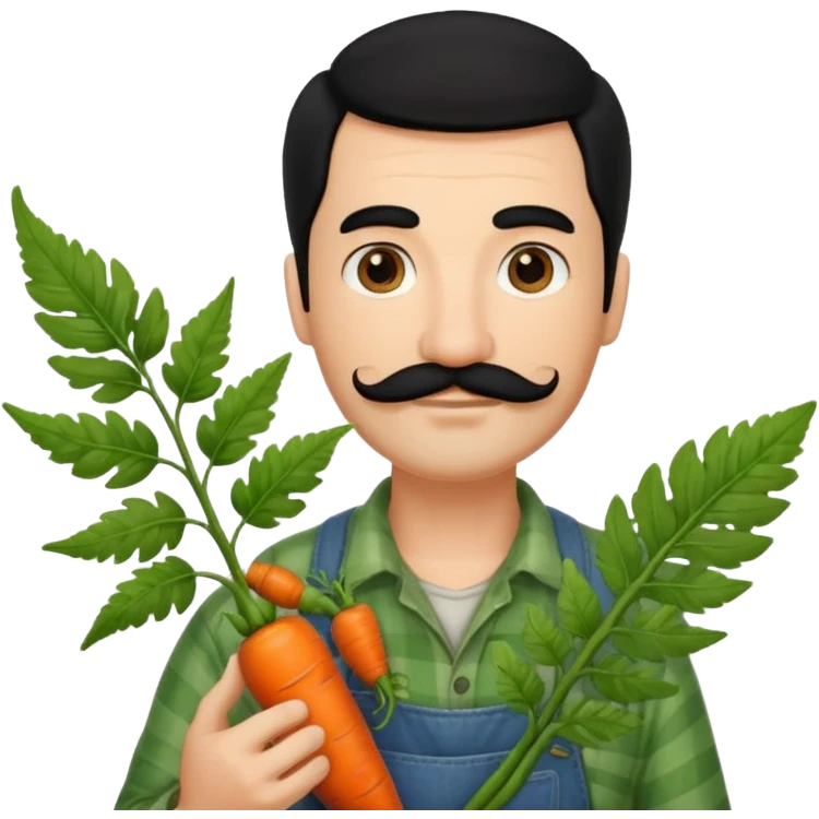 farmer emoji inspired by 🧑‍🌾, holding a fiddlehead fern instead of a carrot, with black hair, a moustache, and a light beard, resembling the attached reference photo emoji