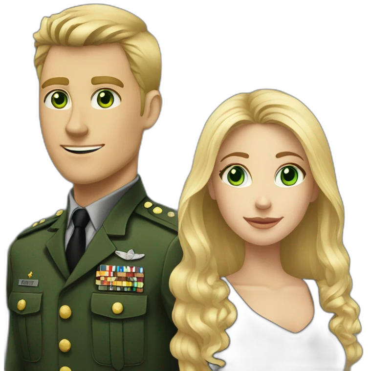 Military blond guy and green eyes blond long hair girl in black dress emoji