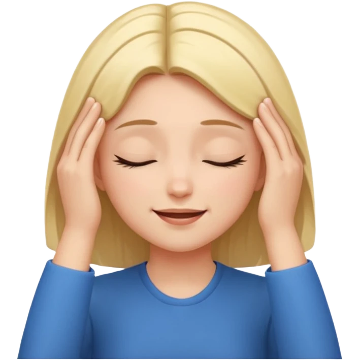 The girl with her eyes closed holds her temples with both hands and smiles slightly emoji