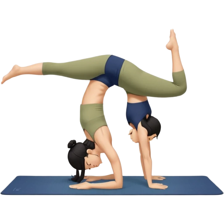 키는 작은편이고 앞머리 없는 단발머리야. 옆머리는 있고 요가를 좋아해. 남색 홀터넥을 많이 입고 민트색 요가바지를 자주 입어. 머리색은 검정색이고 하타요가를 좋아해. 바지색은 연한 연두색이고 요가매트는 카키색이야. 머리서기를 하고 있어 emoji