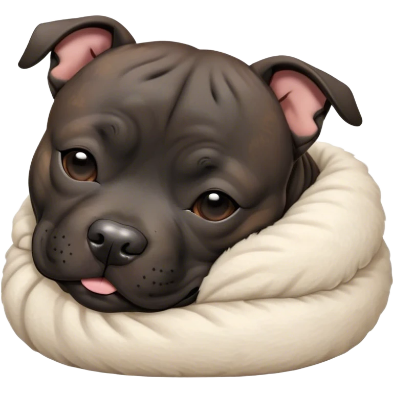 Meme-Worthy Cute Sleeping Black/Brindle Staffordshire Bull Terrier Portrait Emoji, Head resting peacefully with a contented smile, showcasing a delightfully compact build and a luxuriously soft Fur with an attractive black and brindle blend, eyes shut in a serene nap, Simplified yet hilariously adorable features, highly detailed, glowing with a soft, drowsy light, high shine, relaxed and utterly lovable, stylized with an air of playful laziness, bright and heartwarming, soft glowing outline, capturing the essence of a comically sleepy guardian, so meme-worthy it feels like it could instantly become the next viral sensation of adorable slumber! emoji