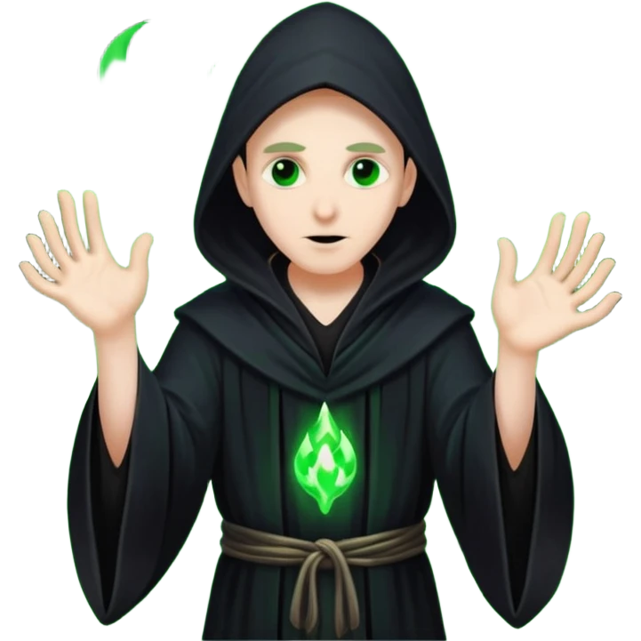 A dark sorcerer in flowing black robes, conjuring eerie green flames emoji