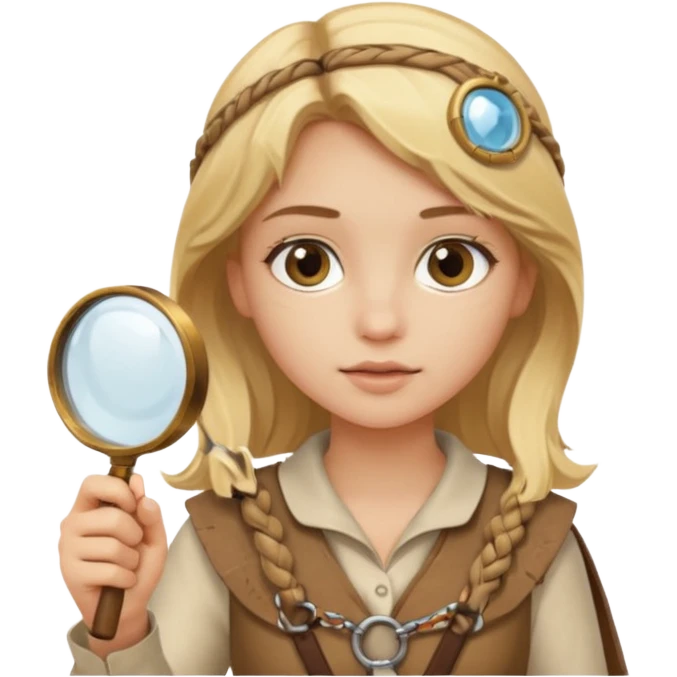blonde haired girl in archaeological outfit, holding magnifying glass emoji