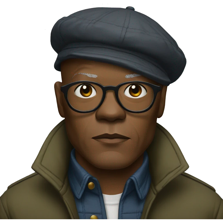 bald samuel l jackson serious wearing shirt and backwards Kangol emoji
