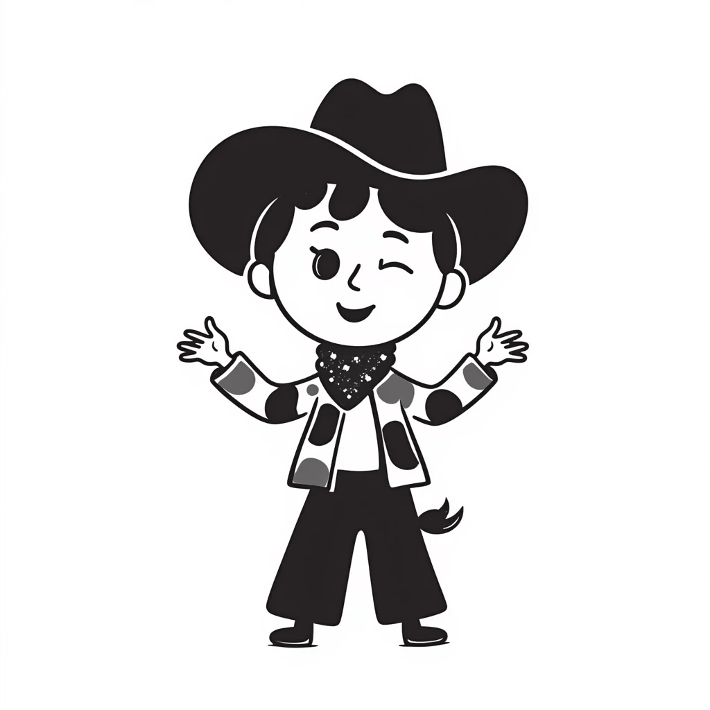 A hand-drawn plush cowgirl toy with a bandana, hat and a cute smile emoji