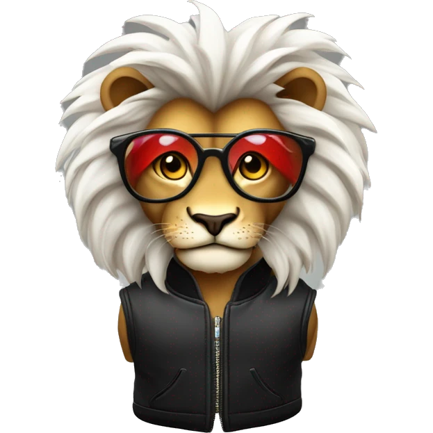 ￼ un leone con i capelli rossi, gli occhiali di sole neri, la giacca nera e la maglia bianca emoji