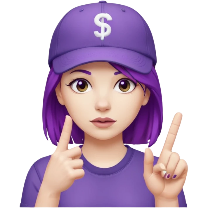 Woman with purple hair flipping middle finger with ball cap on that says stfu emoji