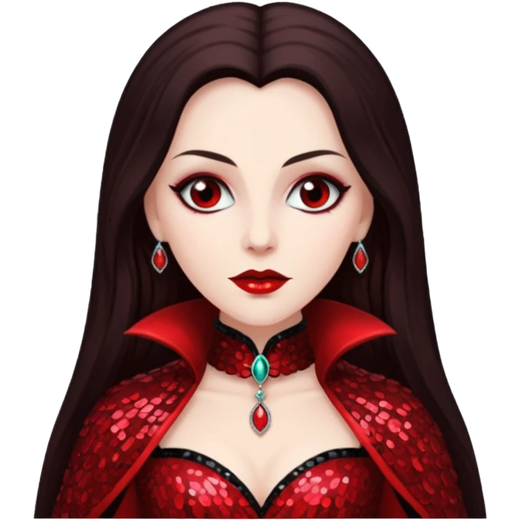 Countess Dracula with long dark brown hair, red sequin outfit  emoji