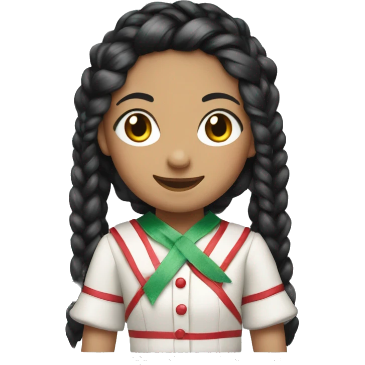 Doll with black hair in two braids with red, green, white ribbons smiling  emoji