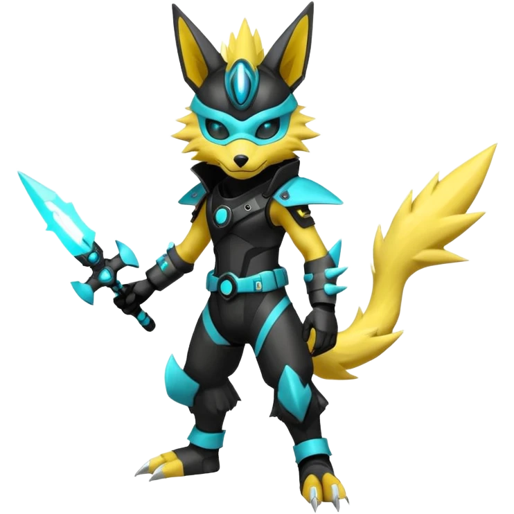 Shiny badass cool edgy spikey fluffy realistic cyan yellow white electric complex futuristic Zeraora-Renamon-Electrike-Umbreon-Manectric-Weregarurumon-fusion-creature (full body) wearing a black cyberpunk-helmet-mask emoji