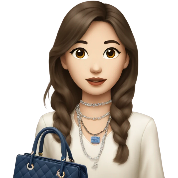 Realistic brown hair blue eyes Chanel Asian Girl with Birkin bag and Chanel necklace emoji