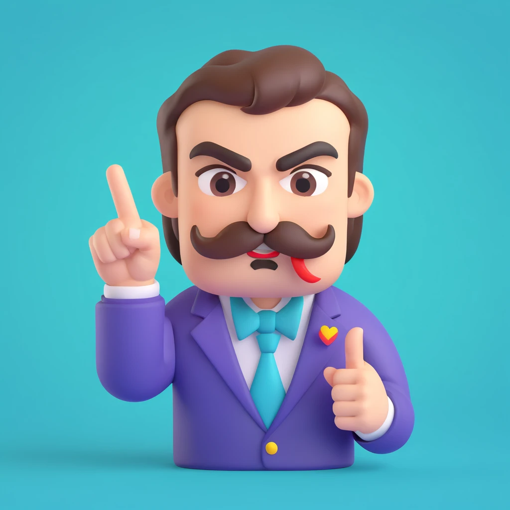 angry character with a mustache giving the middle finger, expressive, bold, clear emotion, pride colors emoji