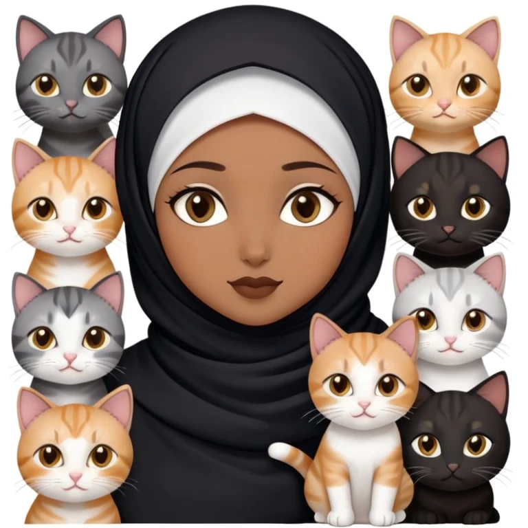 beautiful brown skin hijabi with dark brown eyes and black hijab with six cat (one chubby calico cat, one chubby tabby cat, one tabby cat with left cataract eye, one tabby mix white cat, one black cat and marble tabby kitten) emoji