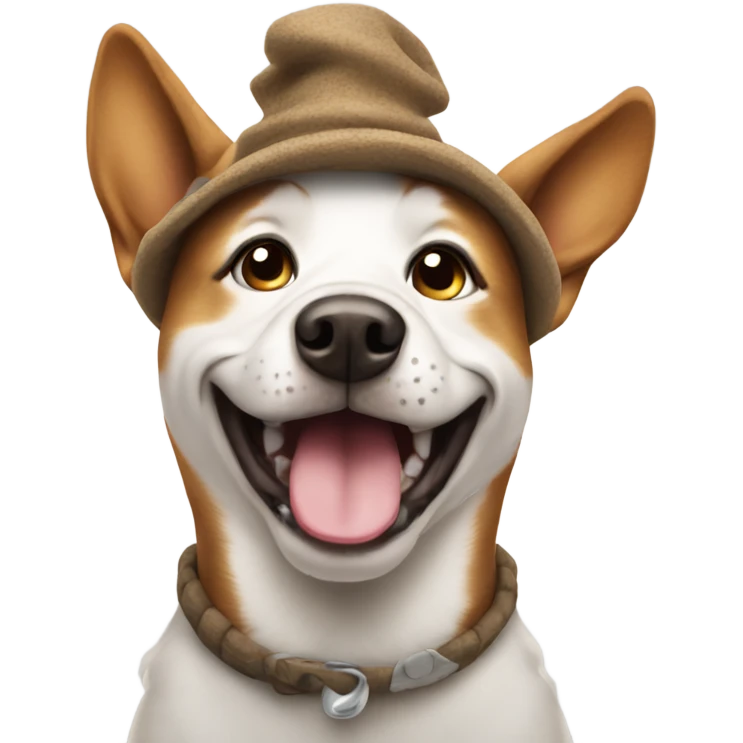 Happy dog wearing poop hat emoji
