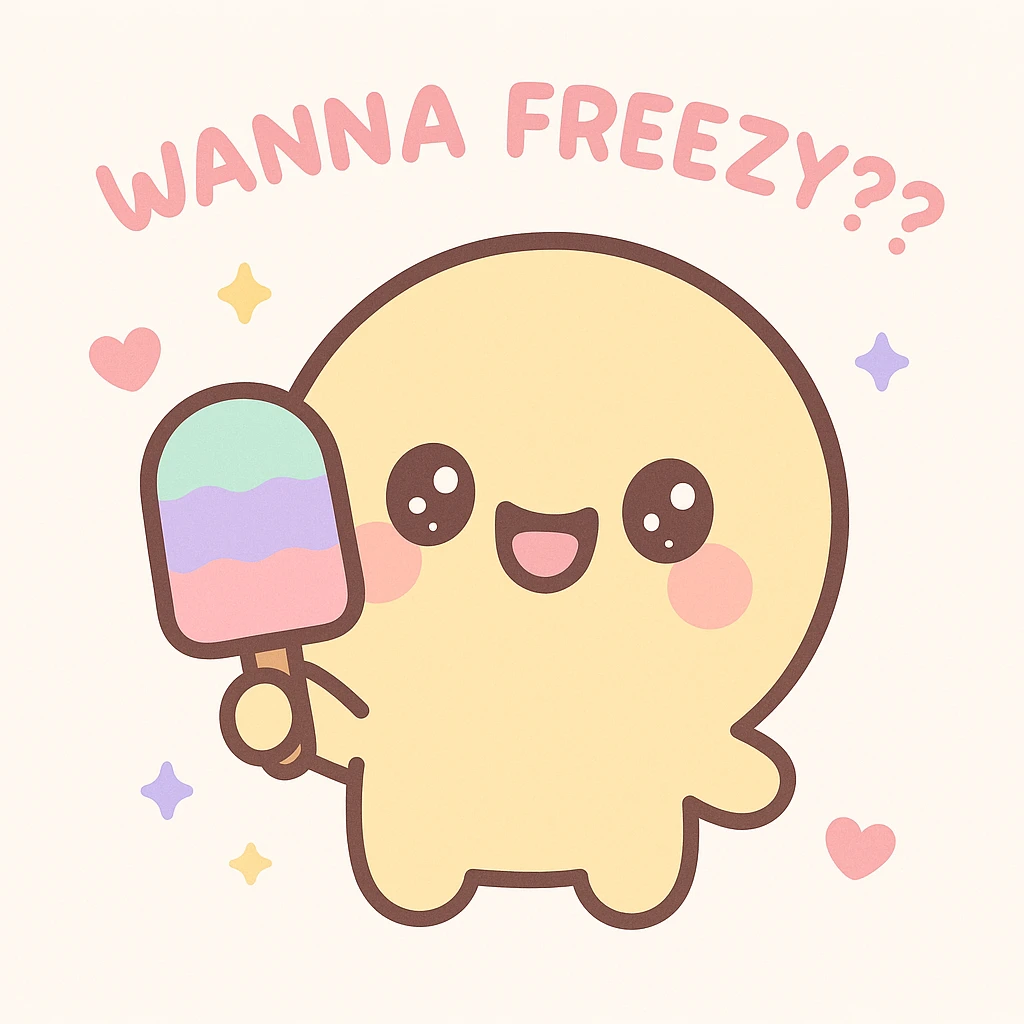 emoji character with a playful expression, holding a popsicle, with the text 'wanna freezy???' in a fun font, kawaii style emoji