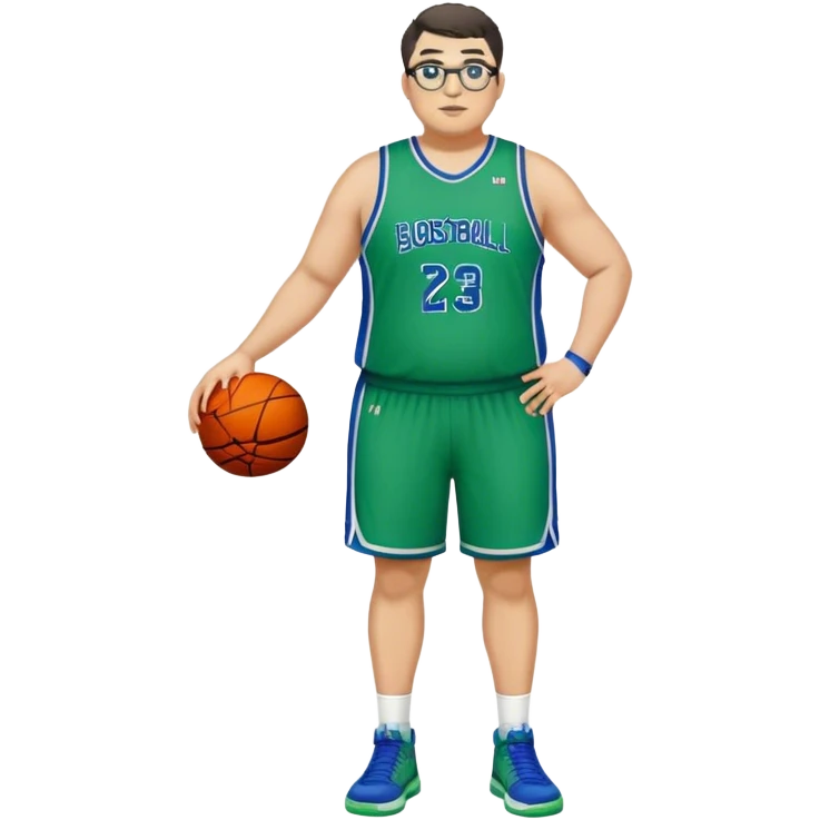 Full Body plus size tall white male with dark short hair basketball player wearing glasses wearing blue  with green uniform emoji