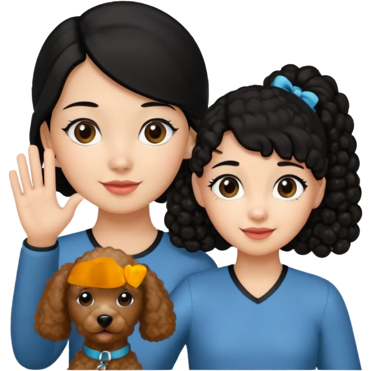 Ponytail black hair girl with brown Poodle say goodbye  emoji