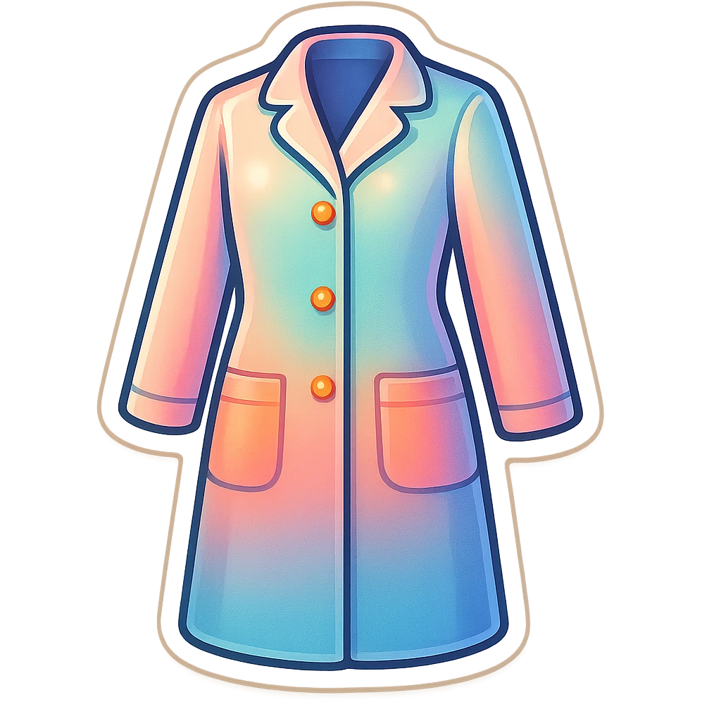 female medical coat full length, with turn-down collar, retro stickers style, soft rounded shapes, clean contours, pastel palette, shadows and highlights, modern illustration, transparent background emoji