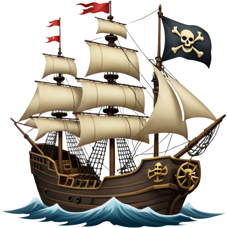 An icon representing an adventure game, inspired by high-seas exploration. The design features a fearless pirate gripping the wheel of a grand sailing ship, its tattered Jolly Roger flag billowing as it cuts through stormy waters. The scene evokes danger, treasure, and the thrill of the open sea. Transparent background. emoji