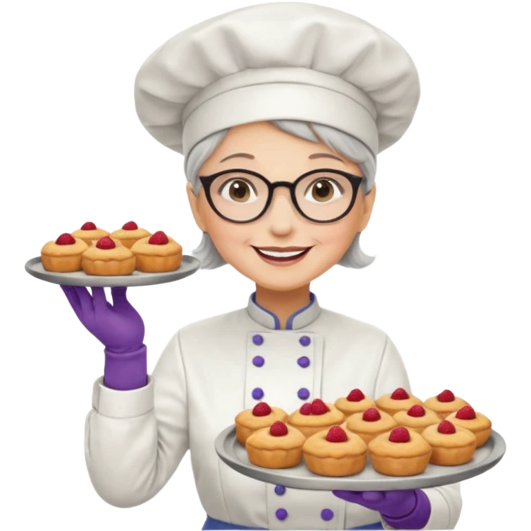 Older female pastry chef – round glasses, oven mitts on, holding a tray of pastries.

 emoji
