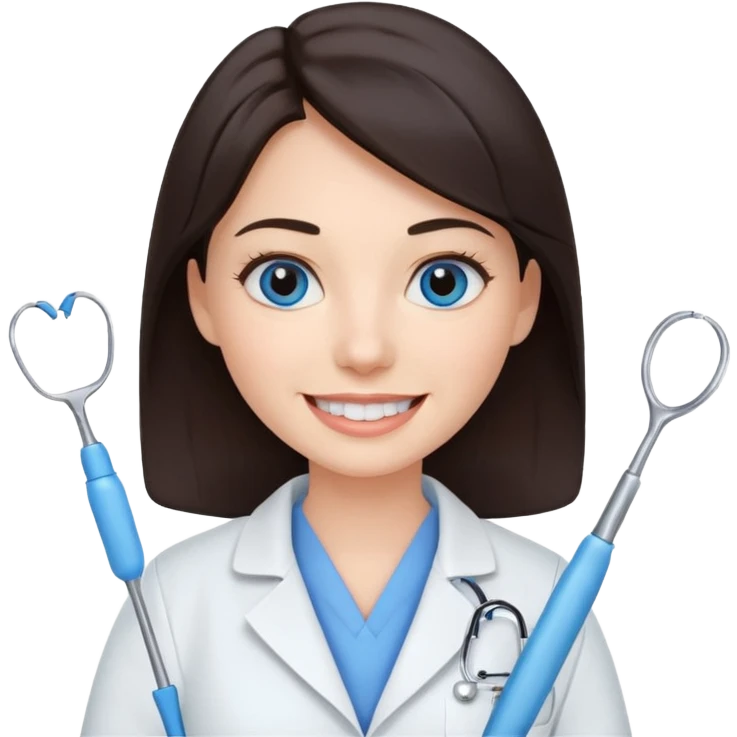 сгенерируй девушку стоматолога с профильными для нее предметами с темными волосами и голубыми глазами еще emoji