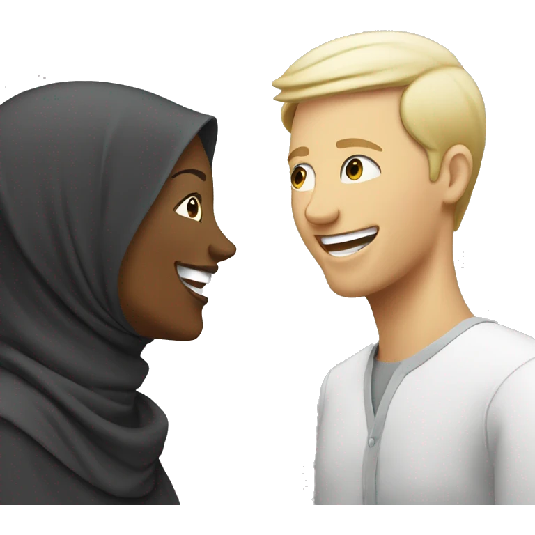 woman with hijab talking to laughing white man emoji