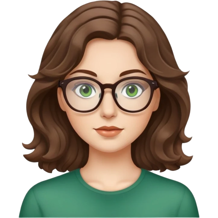 White girl with medium length brown wavy hair, glasses, and green eyes emoji