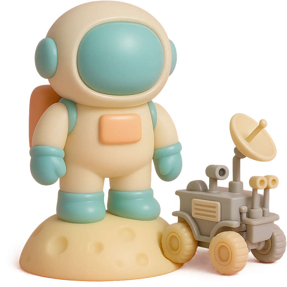 Add a detailed moon rover next to the vinyl figure style astronaut standing on the moon, keep the lunar surface details and original style emoji