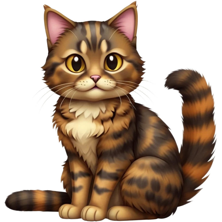 cinematic-[tortoiseshell tabby cat]-realistic-full-body-sitting-emoji,-tail-curled-playfully-around-its-paws,-head-tilted-dramatically,-scruffy-[dark tortoiseshell coloured]-fur,-simplified-yet-realistic-focused-features,-highly-detailed,-glowing-with-an-almost-sarcastic-glow emoji
